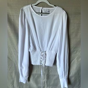 White Lace Up Bow Blouse Long Sleeve Tops Elastic cuff waist shirt women’s